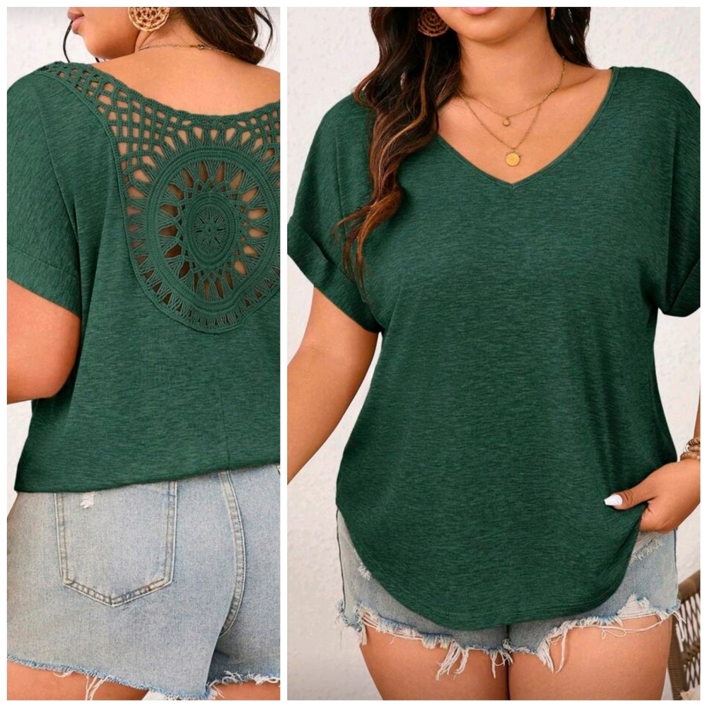 New Boho Crochet Back V Neck Knit Tee Shirt Top PLUS Green